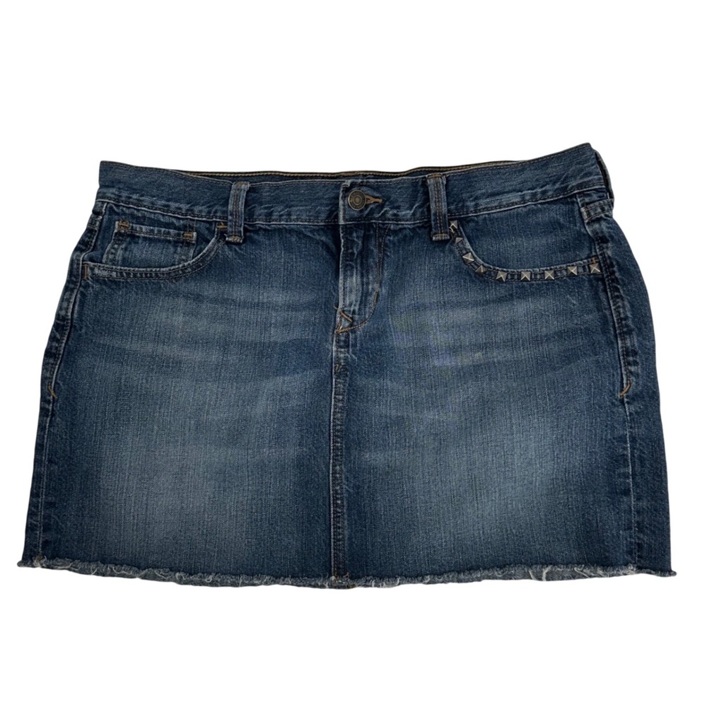 Old Navy Denim Mini Skirt Studded Pockets Raw Hem Medium Wash Blue Size 12 Y2K
